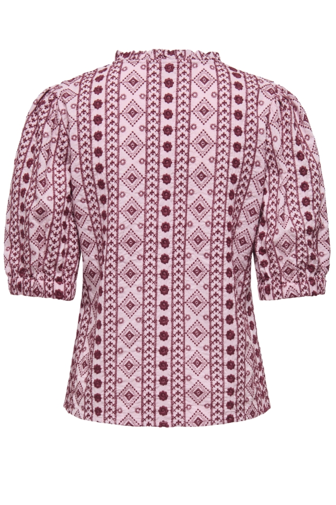 ONLPIPPI LIFE SS EMB. V-NECK TOP WV 15359877 CANDY PINK/RUBY WINE EMB